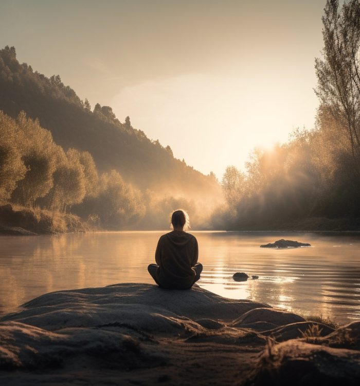 Serene silhouette meditating on tranquil autumn mountain generated by artificial intelligence
